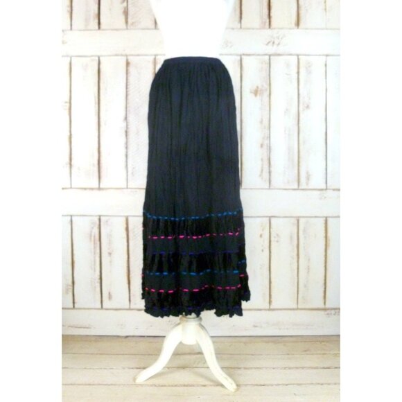 Vintage black yarn velvet crinkle boho gypsy maxi skirt - Picture 2 of 4
